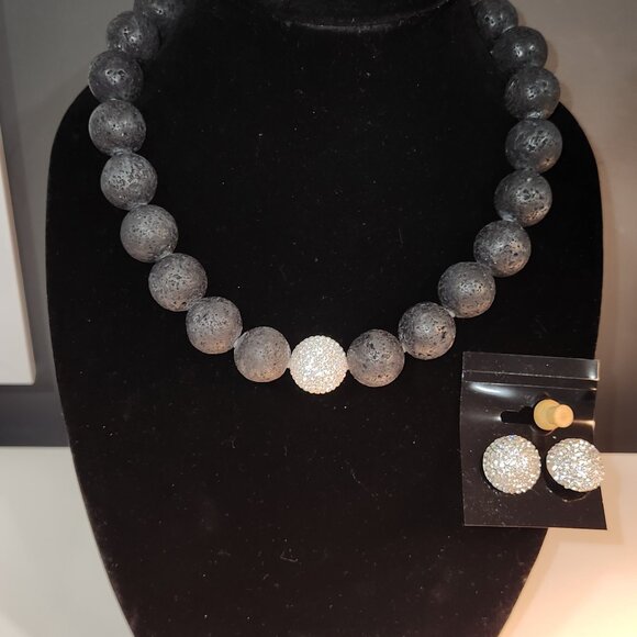 Black Lava Stone Necklace & Earring Set - Picture 2 of 6